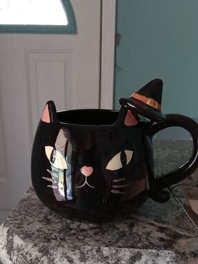 Black Cat Mug with Witch Hat Accent - Cute Halloween Ceramic NWTS